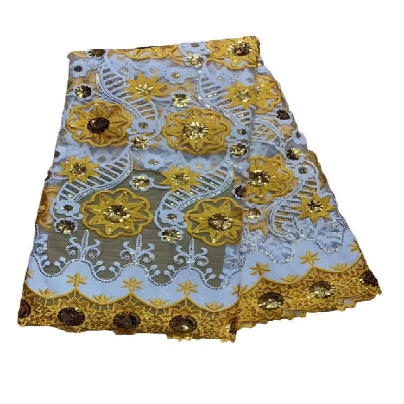 

African lace fabric 2023 latest yellow Indian sari fabric high quality tulle 3D sequined lace fabric for wedding dress
