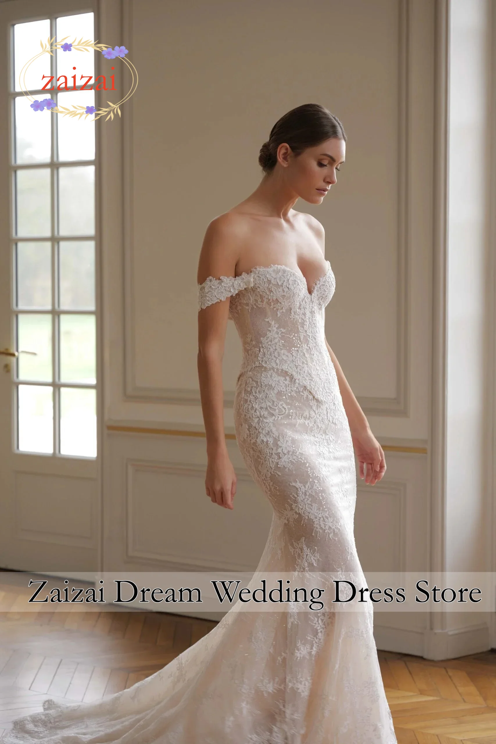 Customized Detachable Train Mermaid Wedding Dress Lace Cap Sleeve Organza Basque Waistline Bridal Gowns Amanda Novia Official