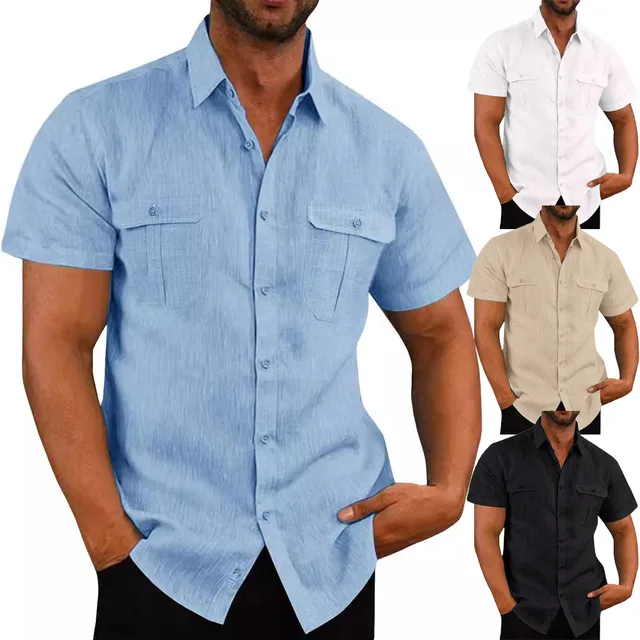 Koszula męska z podwójną kieszenią Bawełniane koszule z krótkim rękawem dla mężczyzn Casual Holiday Beach Shirt streetwear Solid Color Slim Fit