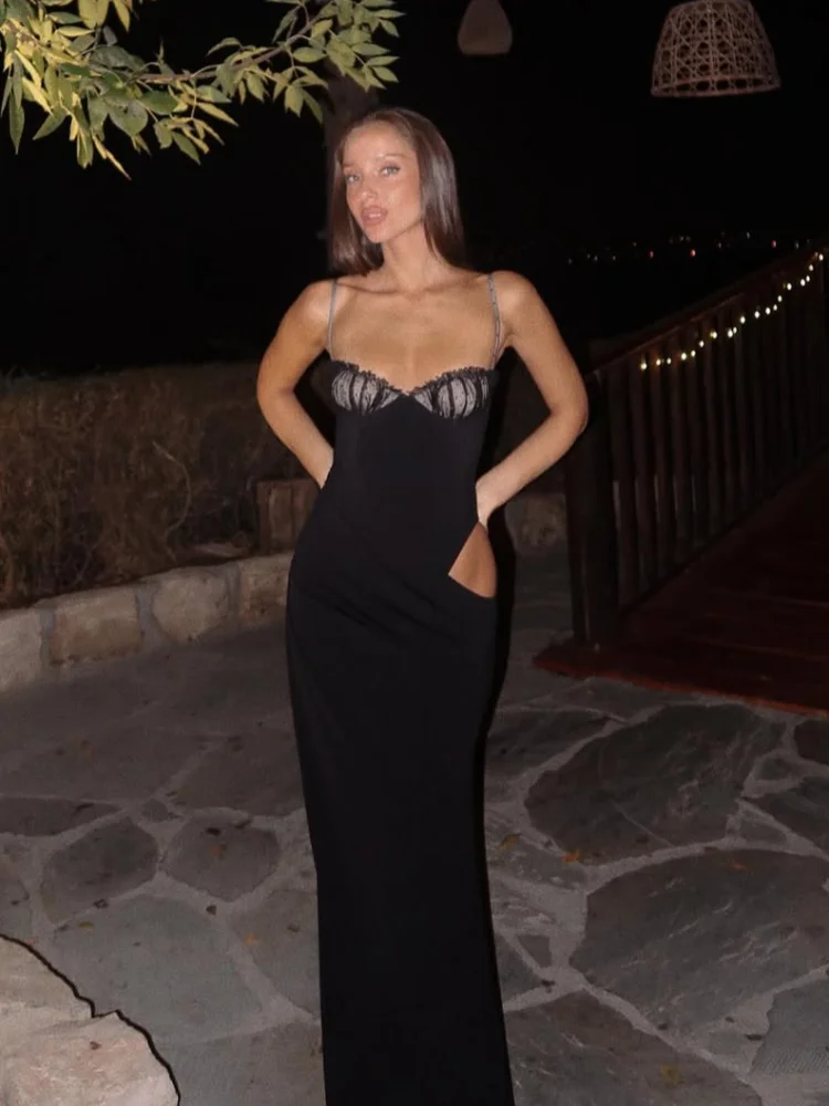 Vestidos de Festa para Mulheres, Novos Vestidos Pretos Sexy com Decote Vazado, Vestido Chique Sem Costas, Off Shoulder, Patchwork, Longos e Justos