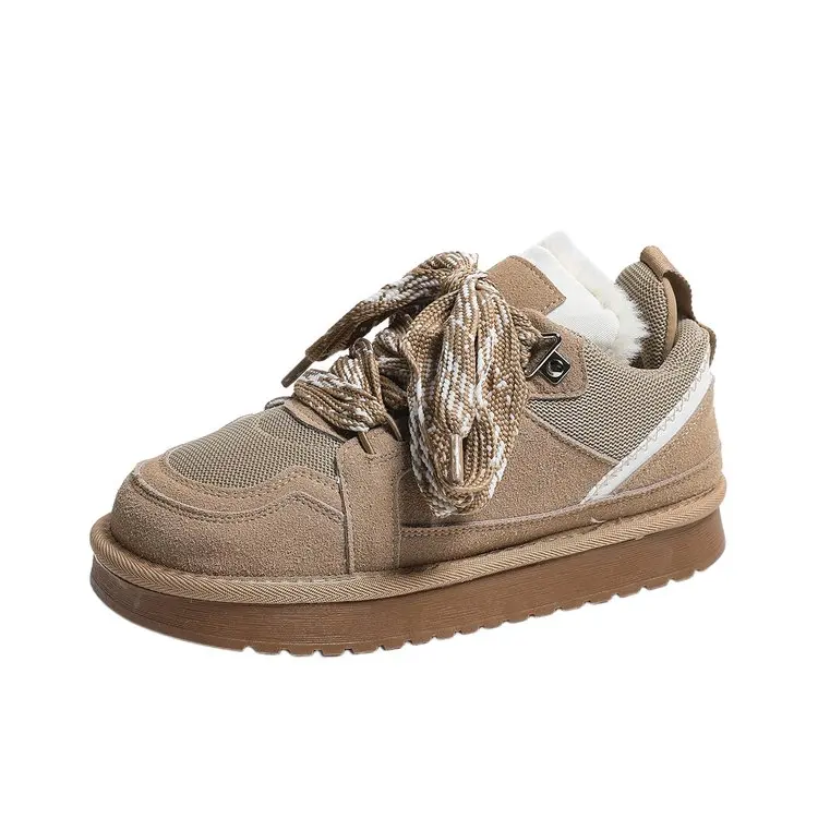 Damen Echt-Schaffell-Wollschneestiefel 2026 Neues Design Niedriger Schaft Dicke Sohle Schnürung Natürliches Fell Warme Baumwollschuhe Winter Herren Hausschuhe – Detail 12
