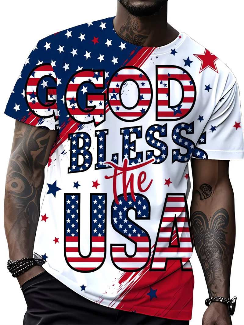 God Bless The USA 3D Print Men's T-shirts American Flag Stars Stripes Patriotic Casual Short Sleeve Streetwear Men Tshirts