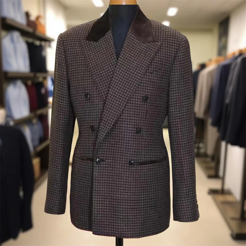 

Plaid Men's Suits Double Breasted 2 Pieces Slim Fit Wedding Tuxedo Male Fashion Jacket with Pants Sets Formal Male Groom Suit
