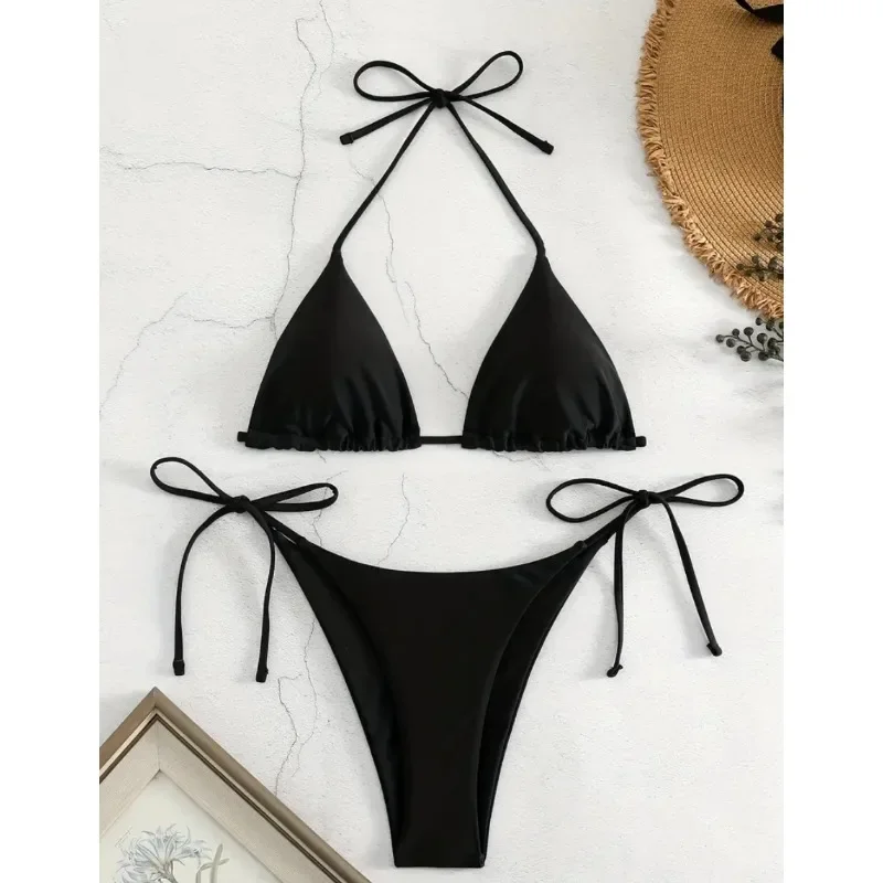 

2024 New Women's Solid-color Separate Beach Wear Sexy Halter Three-point Bikini Backless Adjustable Lace-up Swimsuit