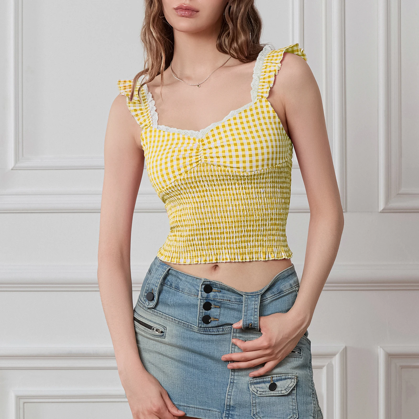 Canottiere da donna Crop canotte Casual estive con stampa scozzese Sweetheart con scollo a v Basic Vest camicia senza maniche per Streetwear