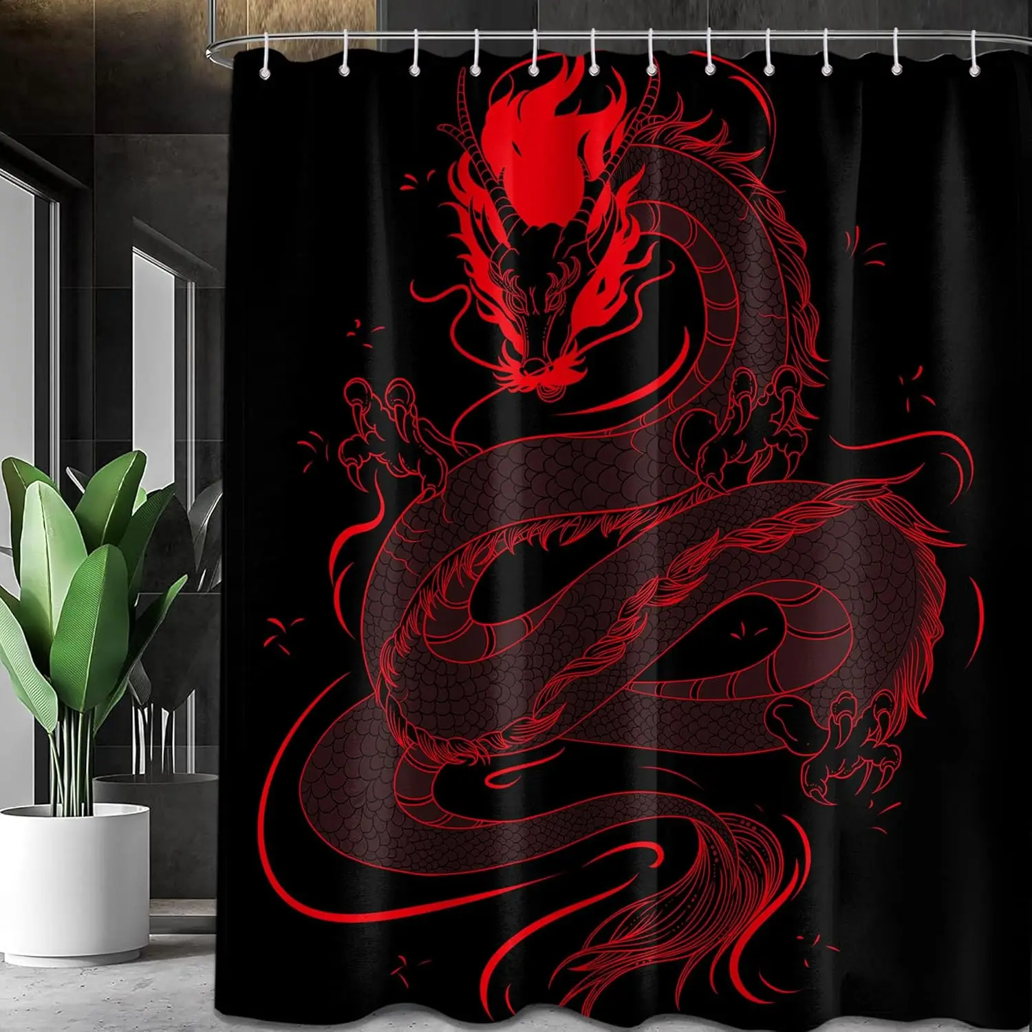 Black and red shower curtain boy bathroom decoration cool mid-century style shower curtain suit, waterproof fabric 200X180CM