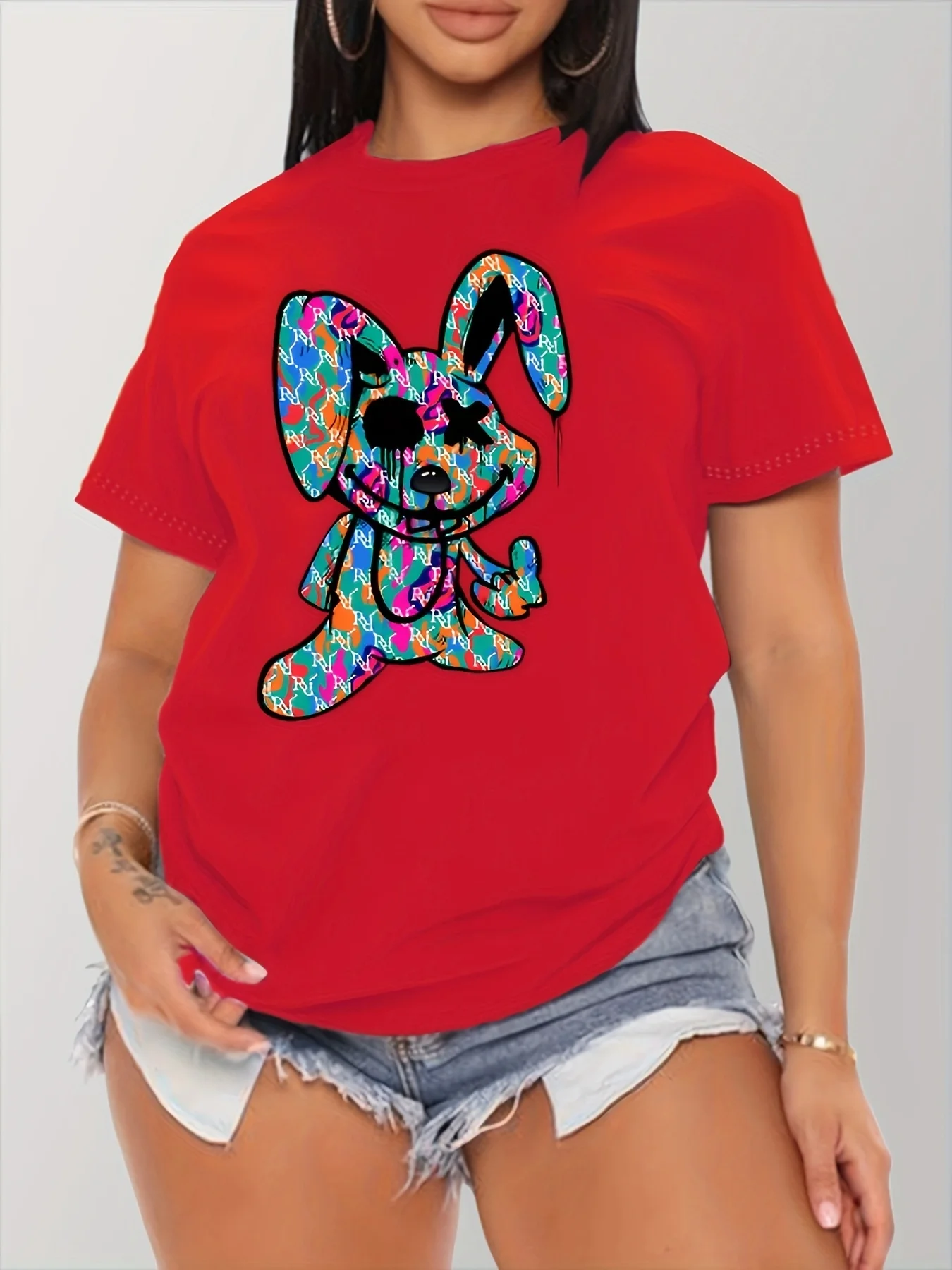 Cartoon Rabbit Print T-shirt, Casual Crew Neck Short Sleeve Summer T-shirt, Women\'s Clothing