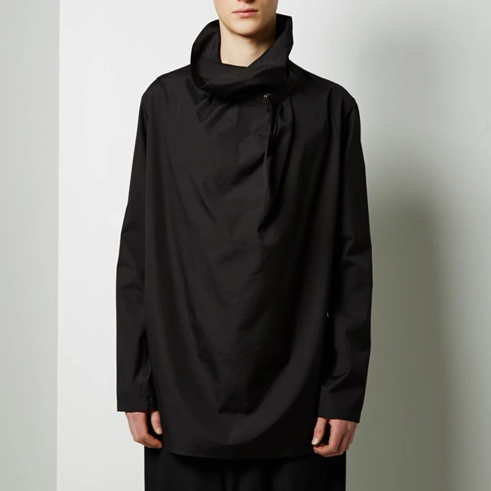Mens High Neck Stacked Design Niche Shirt Spring Streetwear Fashion Nightclub Dj Youth Outdoor Plain Top Men'S Clothing 2026 New