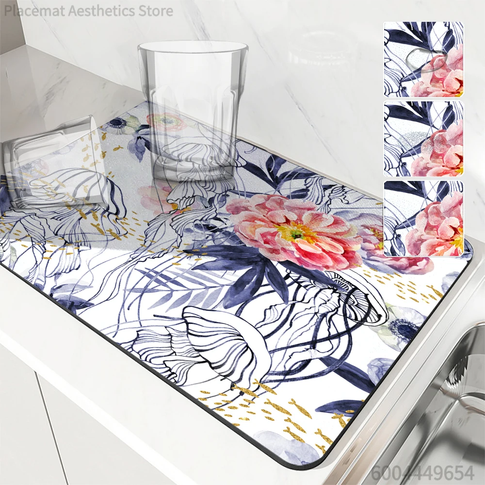 Coffee Tablewear Drain Pad Tropical Plants Bathroom Square Absorbing Anti-slip Dry Mat  Placemat Dishes Cup Splash Proof Drainer