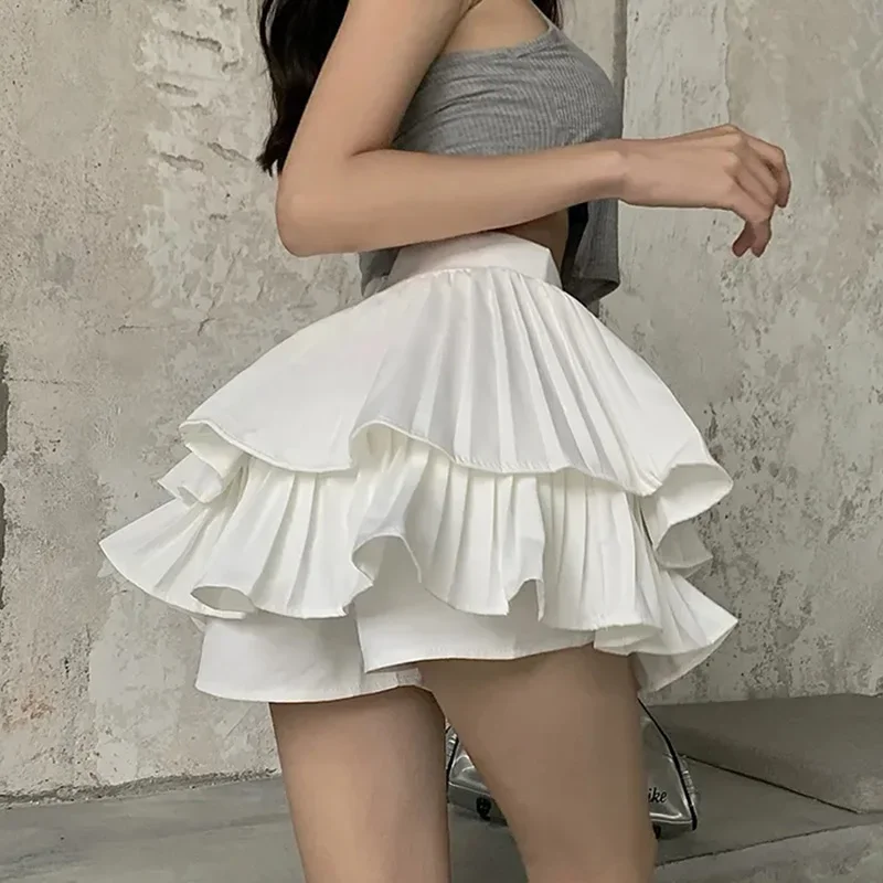 

2024 Summer Layered White Skirt for Woman Y2K Ruffles High Waist Skirt Shorts Women Solid Pleated Mini Faldas Para Mujeres