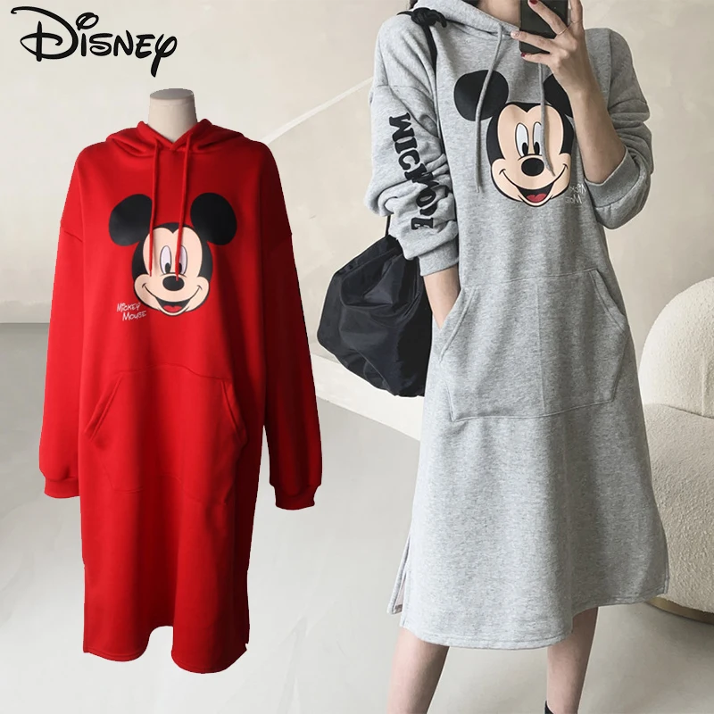 Disney Mickey Mouse sukienka jesień Cute Cartoon drukowanie 3D duży rozmiar bluzki damskie z długim rękawem moda Over-the-knee luźna bluza z kapturem