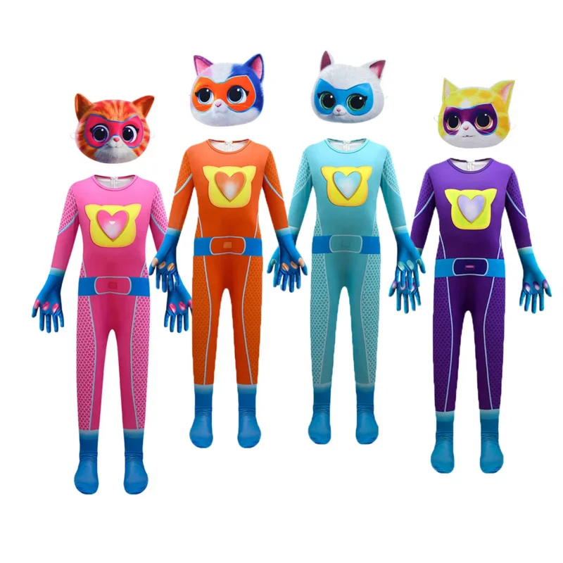 Superkitties Halloween Costumes for Kids Anime Super Cat Cosplay Bodysuit Boys Girls Jumpsuit Carnival Party Birthday Clothing