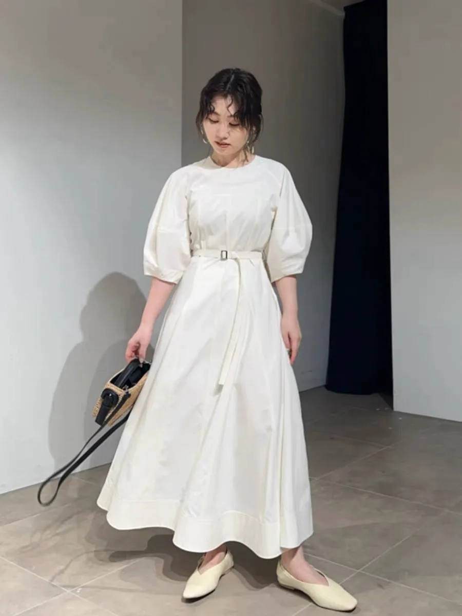 

Elegant Simple round Neck Bubble Sleeve Waist Belt Cotton Dress Star Home F 24 New Style Summer Women's Dress Fashionable