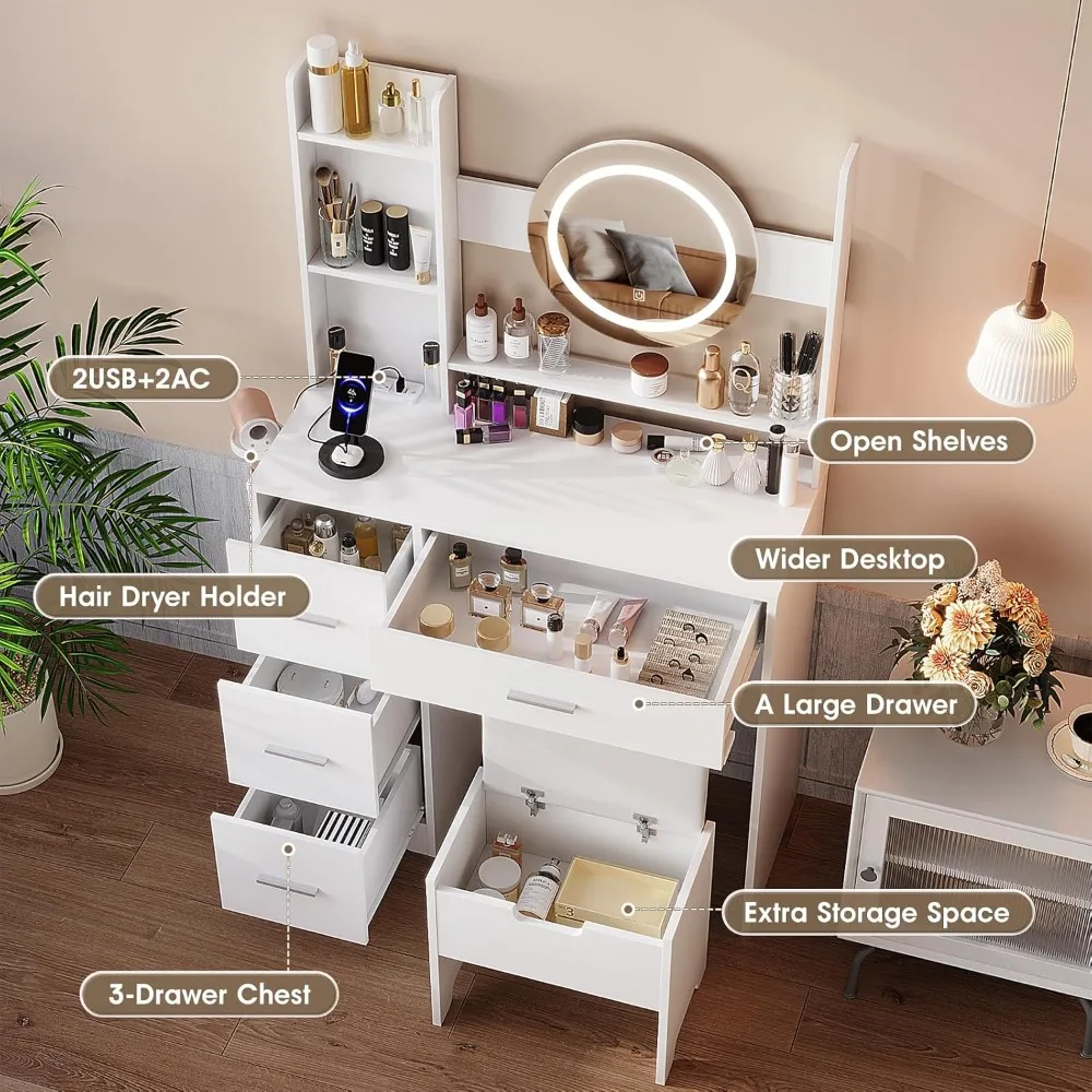

Makeup Vanity with Round Mirror and Lights,Small Vanity Set with 4 Drawers & Open Shelves,3 Lighting Modes, Customized