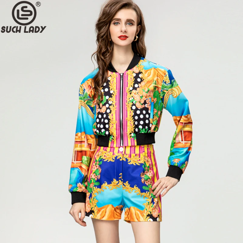 Women's Runway Designer Two Piece Dress Long Sleeves Printed Jackets with Shorts Fashion Twinset Pant Sets