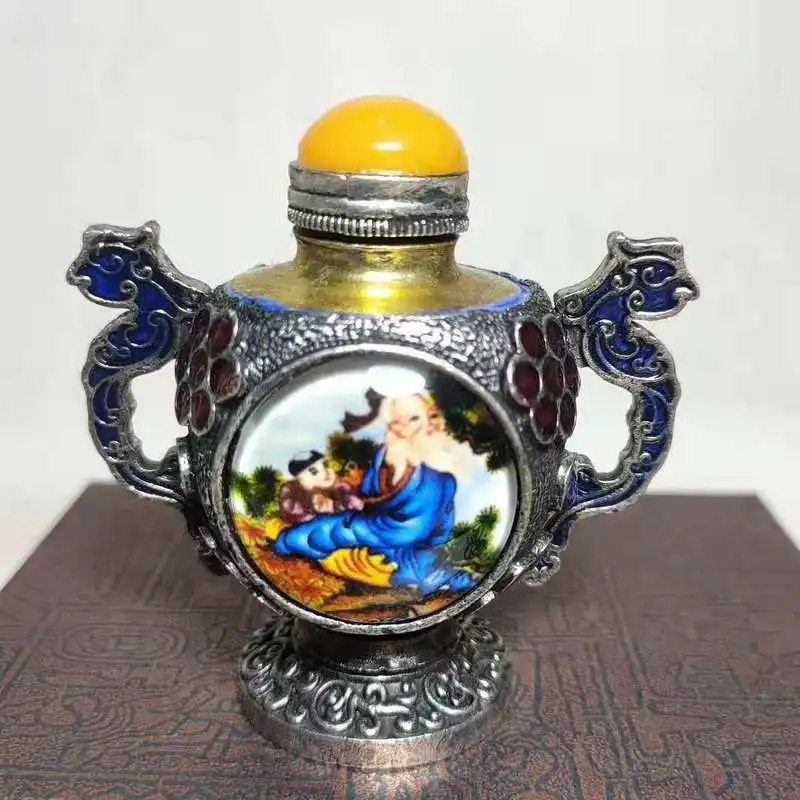 Antique- Tibetan-Style Snuff Bottle Made Of Copper, Double-Sided Painting And Inlaid Details, Decorated With Inte
