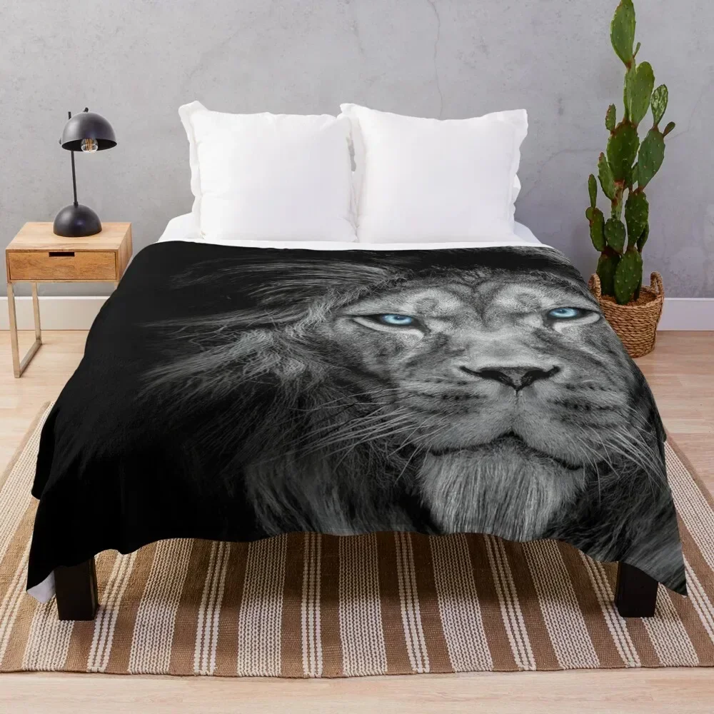 

African male lion , wildlife animal Black and white but with colored eyes Throw Blanket