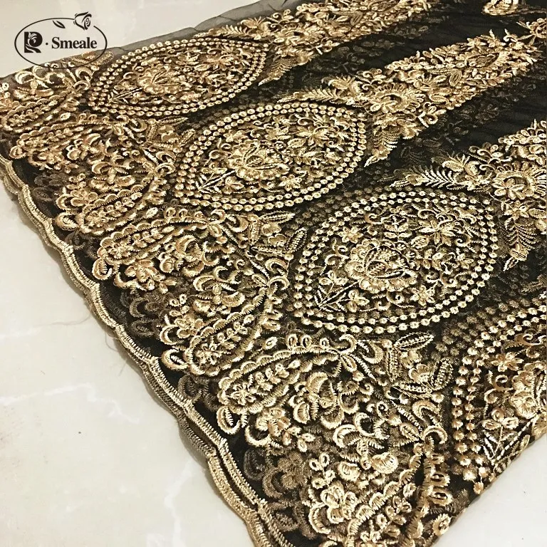 Mesh Lace Golden Three-Dimensional Embroidery Fabric, High-end Custom Apparel Fabrics, Encrypted Embroidery, Skirt Cloth