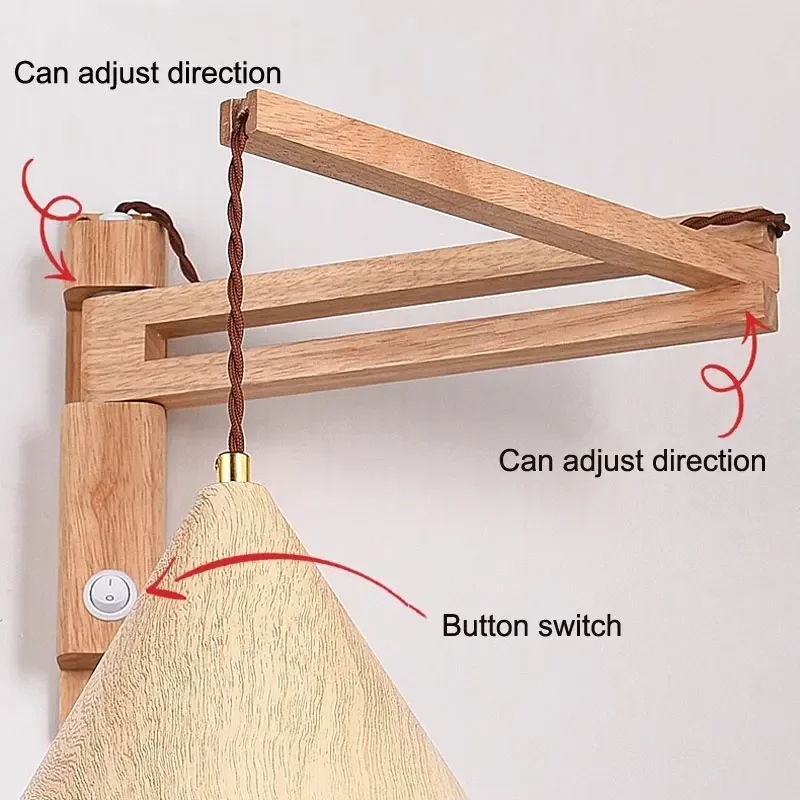 

Nordic Retro Telescopic Folding Living Room Background Japanese Wabi-Sabi Style Solid Wood Wall Lamp, Bedroom Bedside Swing Arm