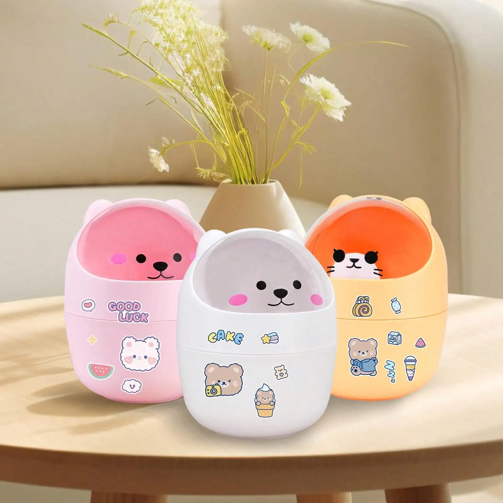 

Cute Desktop Tiny Trash Can With Flip Lid, Creative Kawaii Bear Mini Wastebasket, Portable Countertop Dustbin For Office