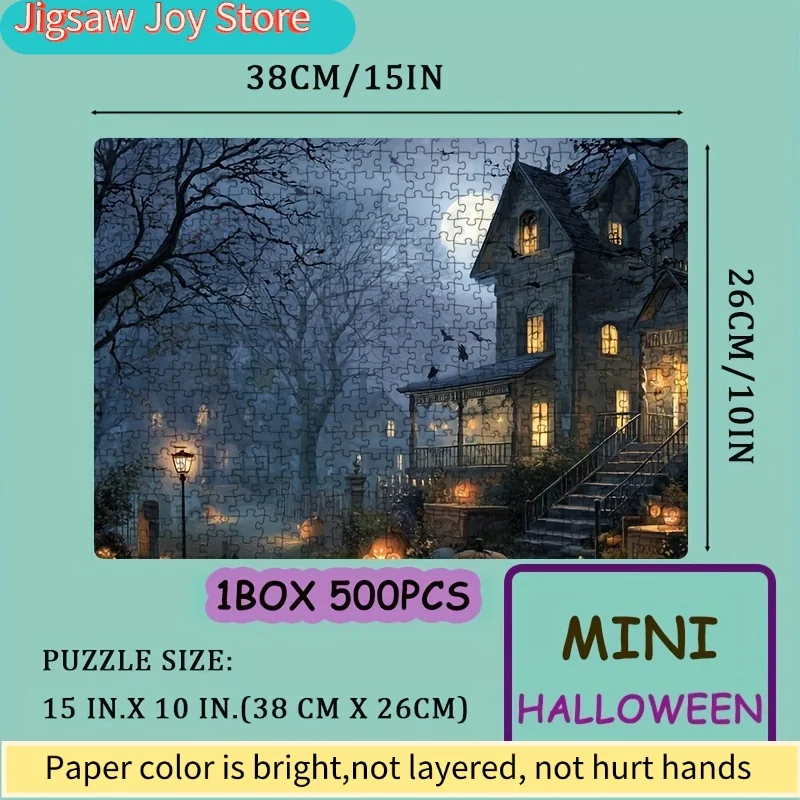 1 Box(500 - piece) Puzzles for Adult Moonlit Pumpkin Lanterns & Black Cats Town Applied for Party Games & Activities, with a m