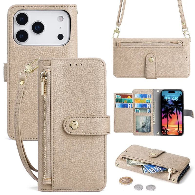 Zipper Wallet with Cards Holder Flip Phone Case for IPhone 17 Air 16E 16 15 14 13 12 Pro Max Crossbody Lanyard Strap Leather