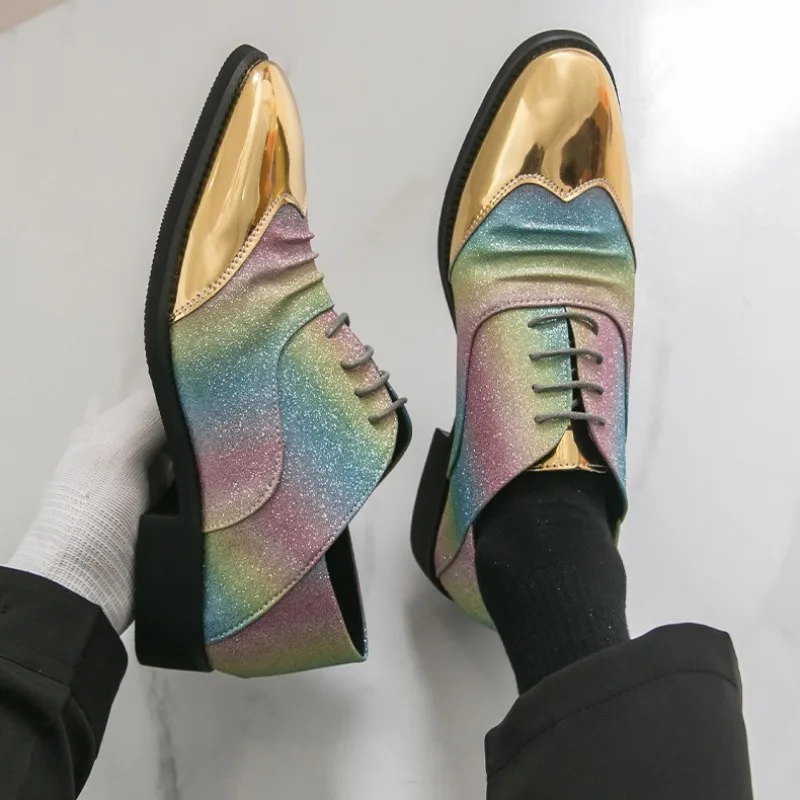 Luxury Designer Men's Shoes Fashion Colorful Sequins Casual Shoes Golden Pointed Business Dress Shoes Men's Casual Leather Shoe