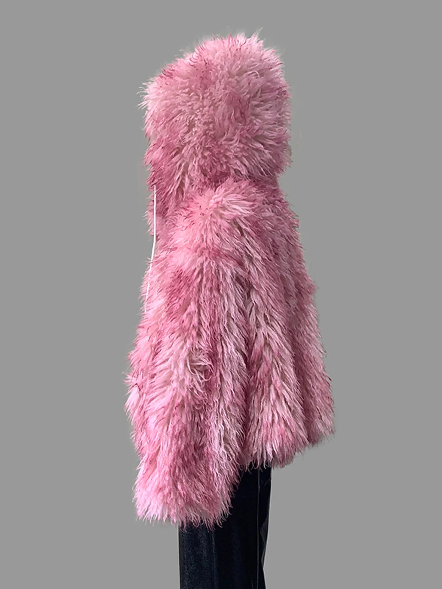 Nerazzurri Autumn Winter Oversized Shaggy Hairy Fuzzy Faux Fur Coat Women with Drawstring Hood Loose Casual Korean Fashion 2026