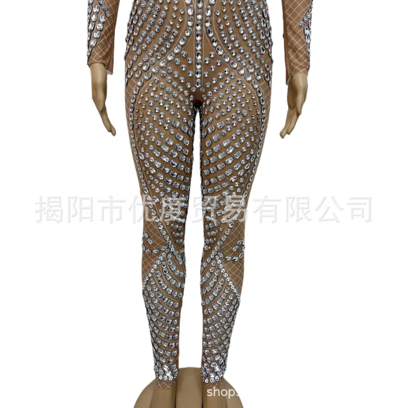 Grid Design Langarm einteiliges Strass Wind Sängerin DJ Empfang Nacht Party Performance Anzug Spinne Slinky Kleider