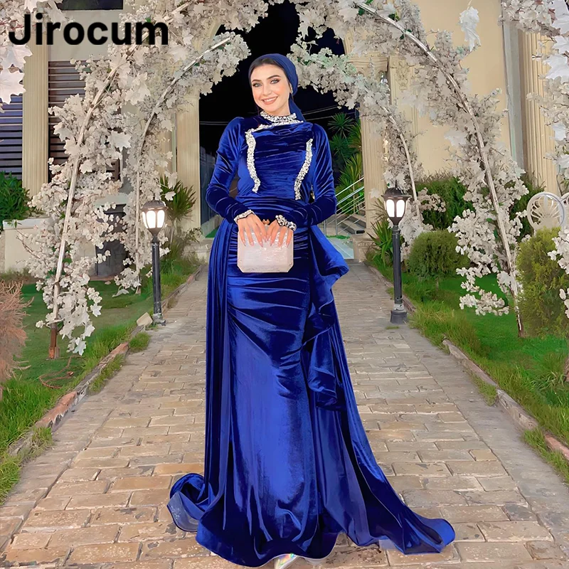 Jirocum Long Sleeve Muslim Prom Dress Women\'s Mermaid O Neck Party Evening Gown Crystal Floor Length Special Occasion Gowns 2024