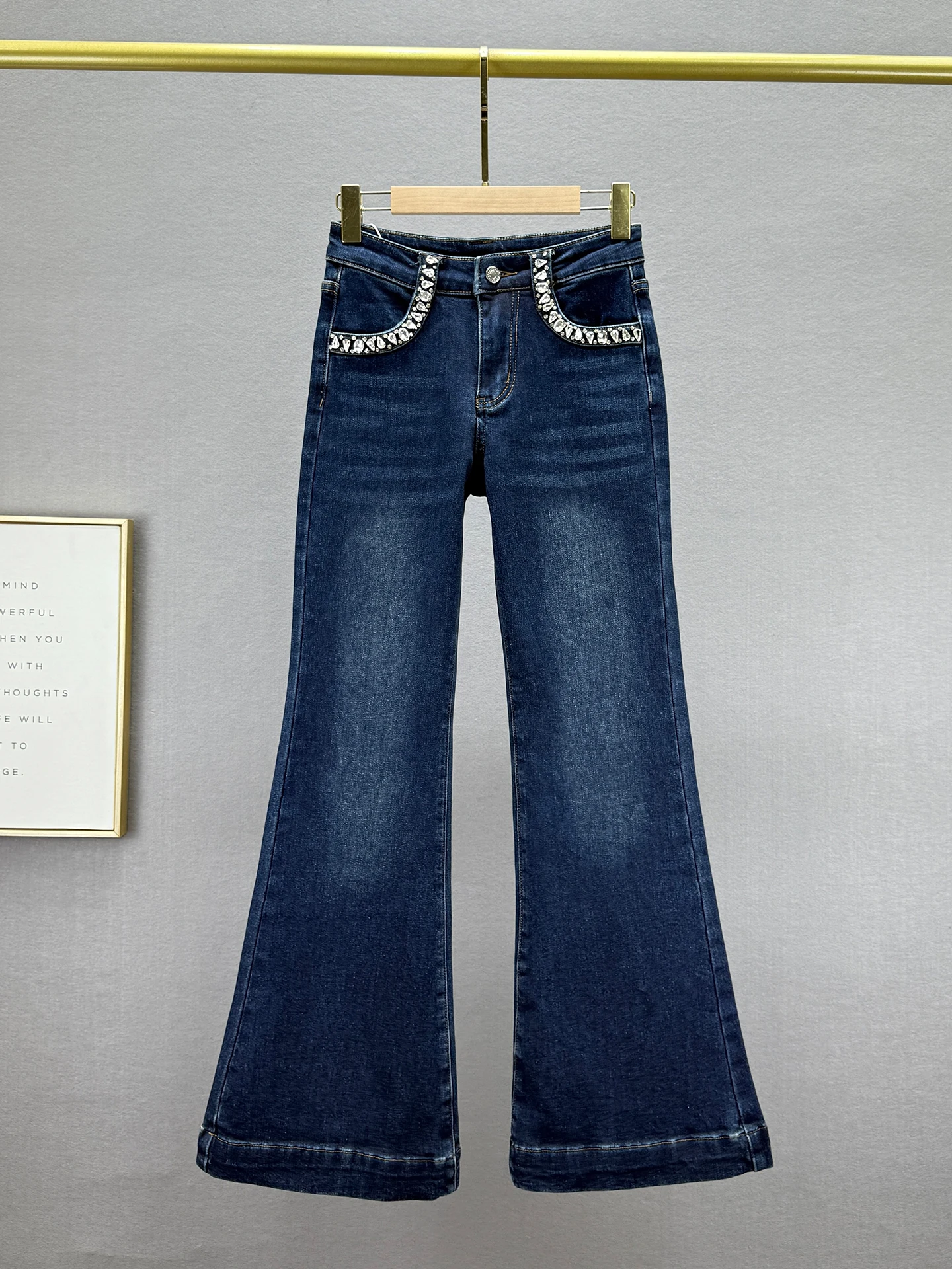 

Женские джинсы-клеш с высокой талией и флисовой подкладкой, украшенные стразами, длинные брюки, новинка зимы