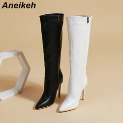 Aneikeh Stivali lunghi alti al ginocchio con tacco sottile a punta elegante moda donna2025 Stivali con cerniera laterale con pannello in PU Primavera/Autunno Western35-42