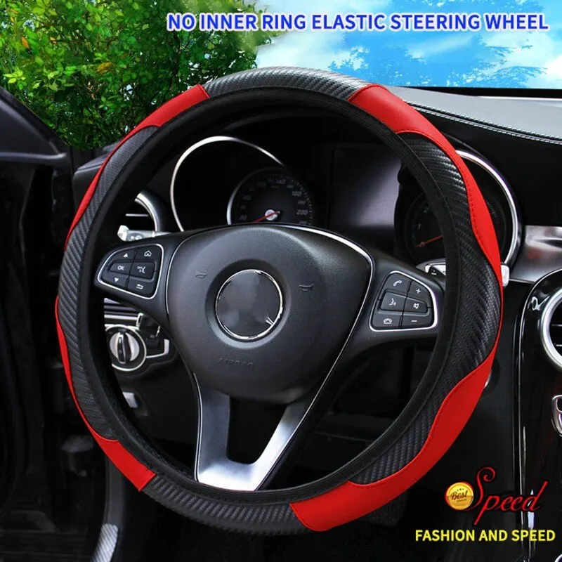 Car Steering Wheel Cover Carbon Fiber Breathable Anti Slip PU Leather Universal 37 38cm Steering Covers Decoration Accessories