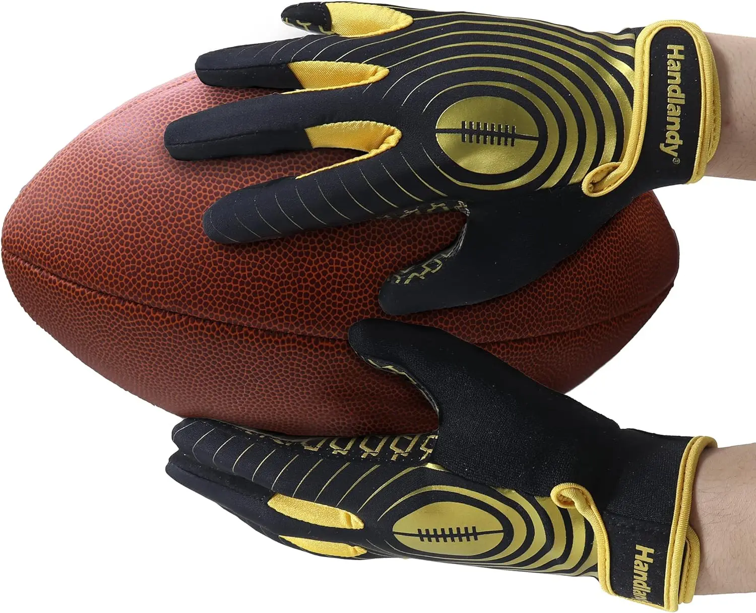 HANDLANDY Youth American Football Gloves, Sticky Wide Receiver Gloves for Kids, Black and Gold Stretch Fit Rugby Gloves