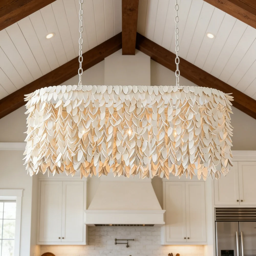 

Linear Cocoa Petal 3-Light Chandelier Modern Luxury Chandelier Hanging Ceiling Fixture with White Coco leaves Branch Lighting
