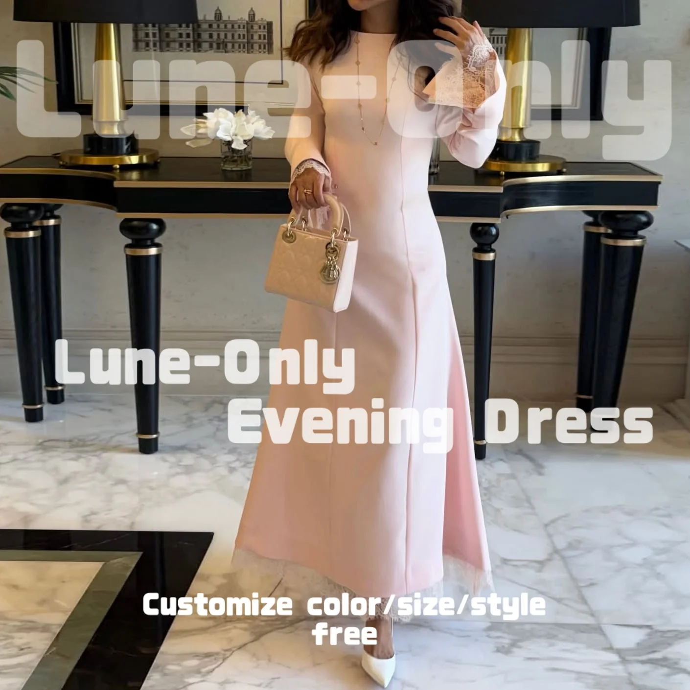 

Customized Light Pink Long Sleeves with Lace Women's Formal Evening Dress A-Line Midi Prom Gown Elegant Party Dresses