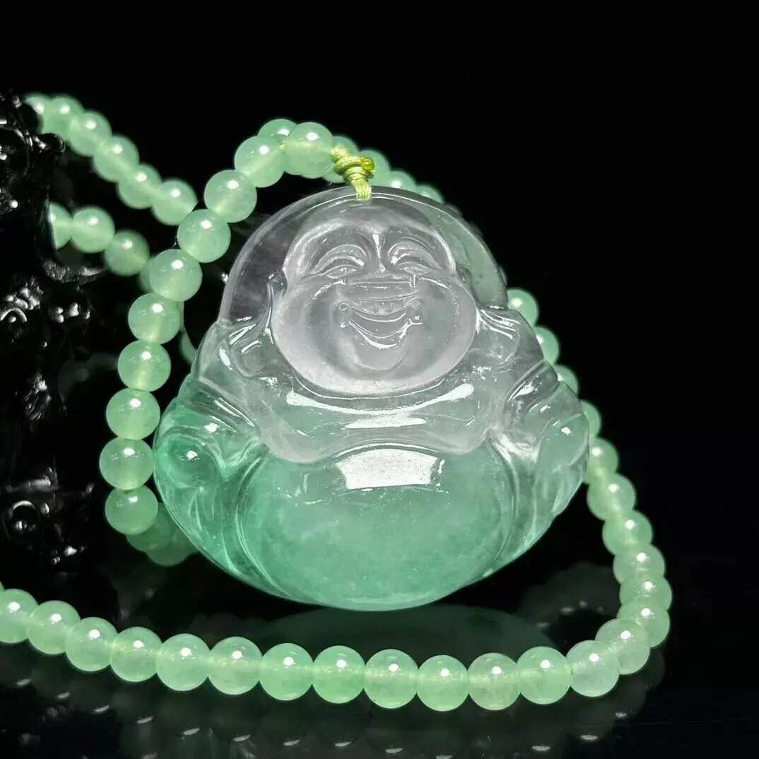 Certified Natural Perfect High Ice Green Jade Jadeite Buddha Pendant&Necklace