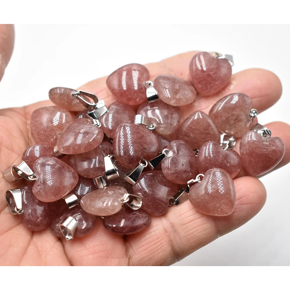 Wholesale 50pcs/lot fashion quality natural stone Strawberry Quartz heart charms pendants 16mm for jewelry accessories making