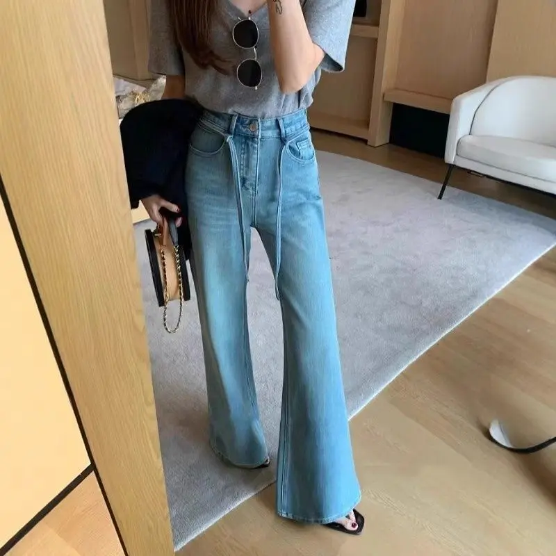 Vintage Light Blue Wide Leg Bootcut Jeans Women's Clothing Casual Trousers Autumn High Waist Chic Drawstring Flare Denim Pants