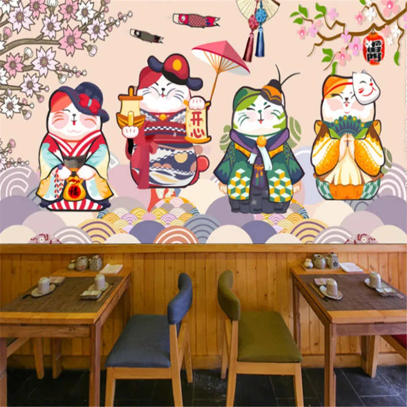 

Lucky Cat Japanese Culture Mural Wallpapers Industrial Decor Sushi Gourmet Restaurant Background Wall Papers Papel De Parede