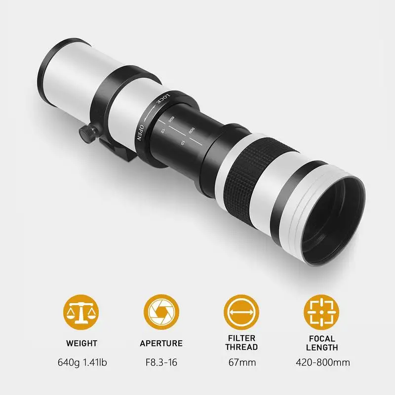 420-800mm F8.3-16 슈퍼 망원 렌즈, T-타입 렌즈 포함 | 니콘, 캐논, DSLR/미러리스 카메라와 호환 가능, 수동 초점, 알루미늄 합금 소재,…