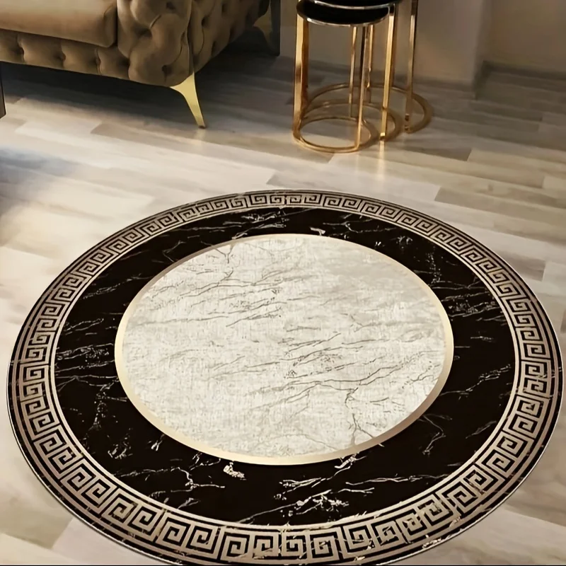 Greek Key Marble Round Area Rug - Classic Geometric Pattern Non-Slip Floor Mat for Living Room