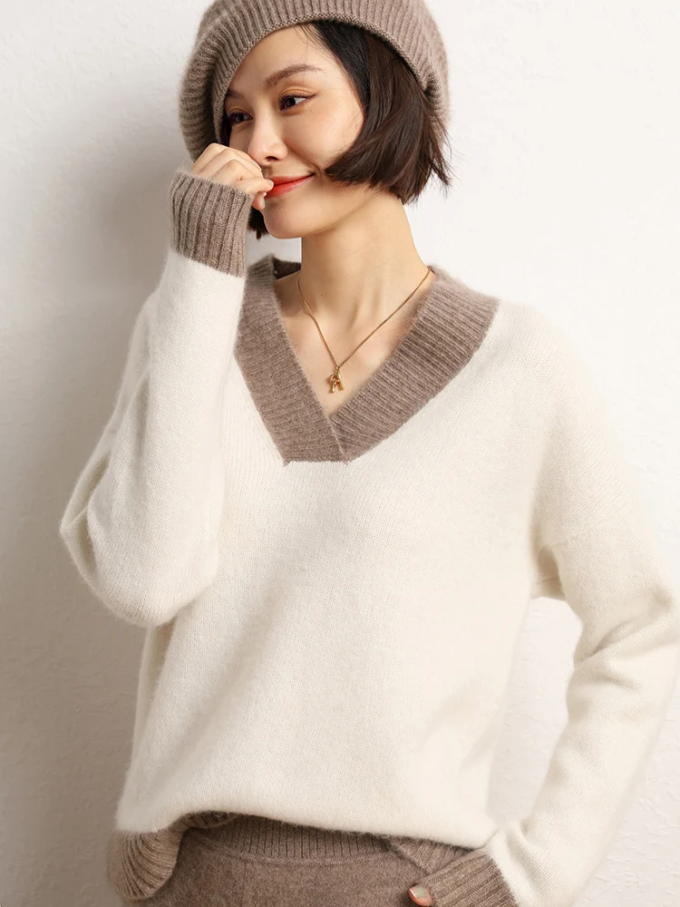 Big V-neck loose lazy wind sweater sweater women's autumn and winter new loose lazy bottoming cashmere sweater