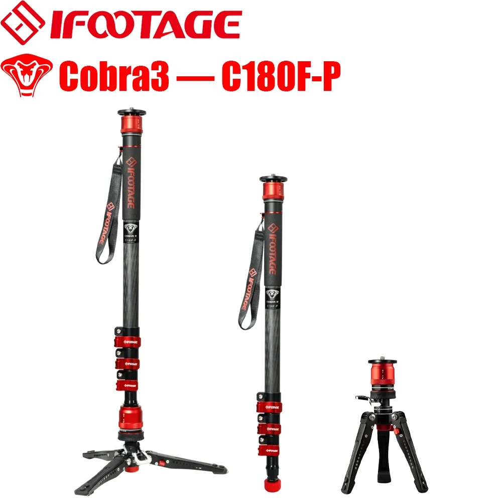 IFOOTAGE Cobra 3 C180F of MP3O Panoramische sferische kop, 71 inch monopod, reismonopod van koolstofvezel met voetjes, draagvermogen 17,64 lbs