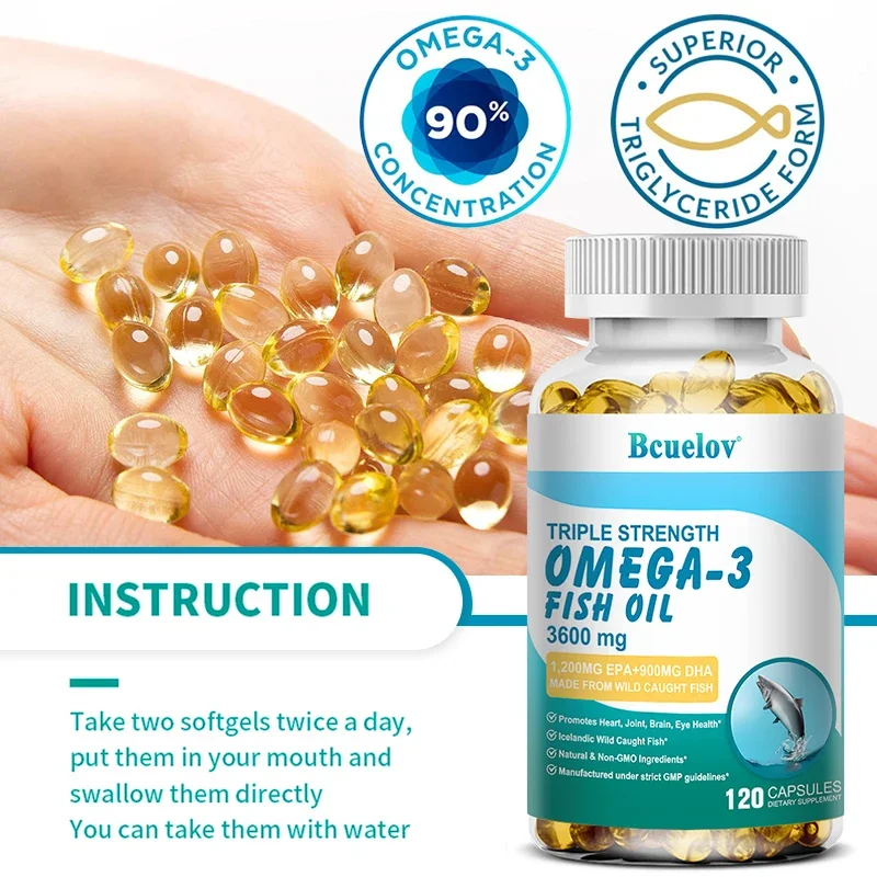 Fish Oil Omega 3 - Triple Strength, Helps Support Eyes, Joints, Heart, Improves Skin Health, Brain Function and Boosts Immunity