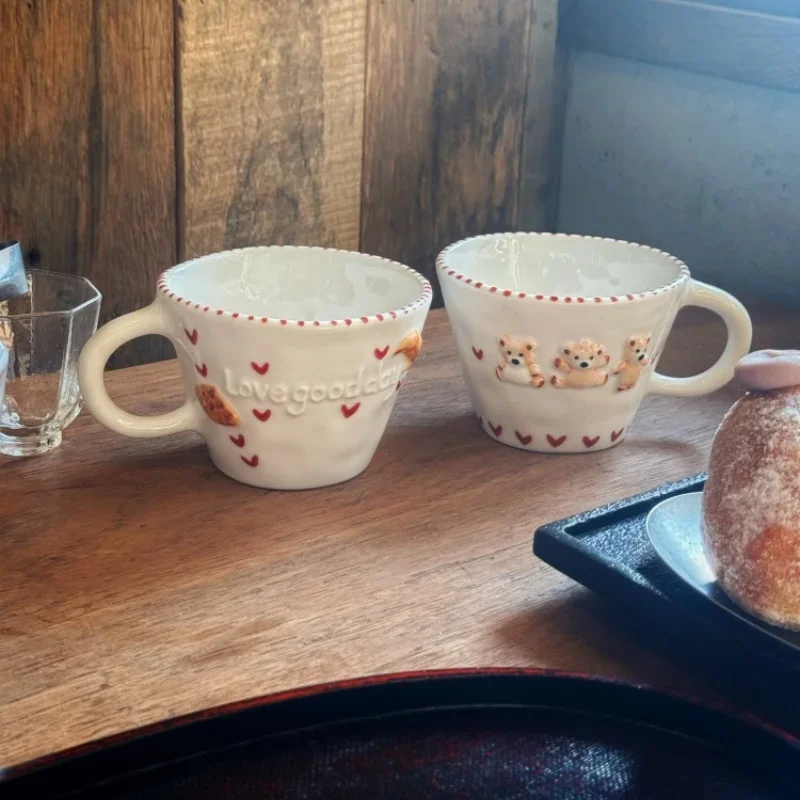 300ml Hand-drawn Ceramic Mugs Relief Coffee Cup Hand Pinched Irregular Bear Milk Tea Cup Letter Waffle Croissant Oatmeal Mug