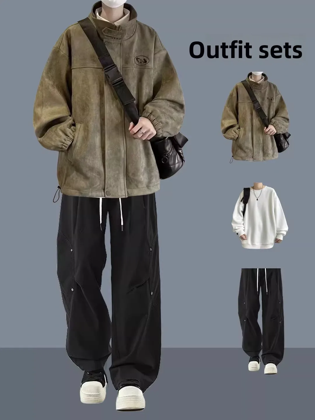 

American Retro Suede Jaet Men's Autumn Winter Thiened Cotton Lined Loose Haome Stand Collar Jaet Tee Piece Set