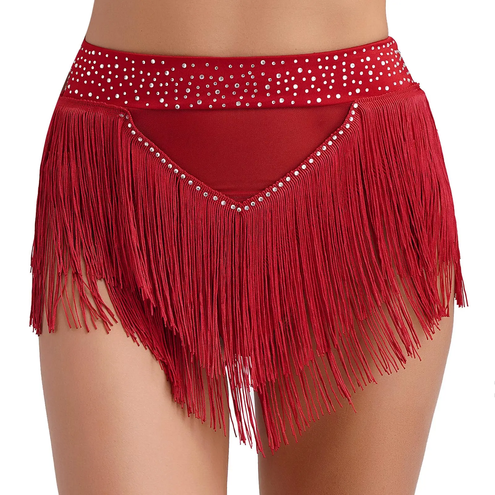 Womens Latin Belly Dance Skirt Shorts Bottoms 2024 New Shiny Rhinestone Tassel See Through Mesh Briefs Underwear Samba Dancewear