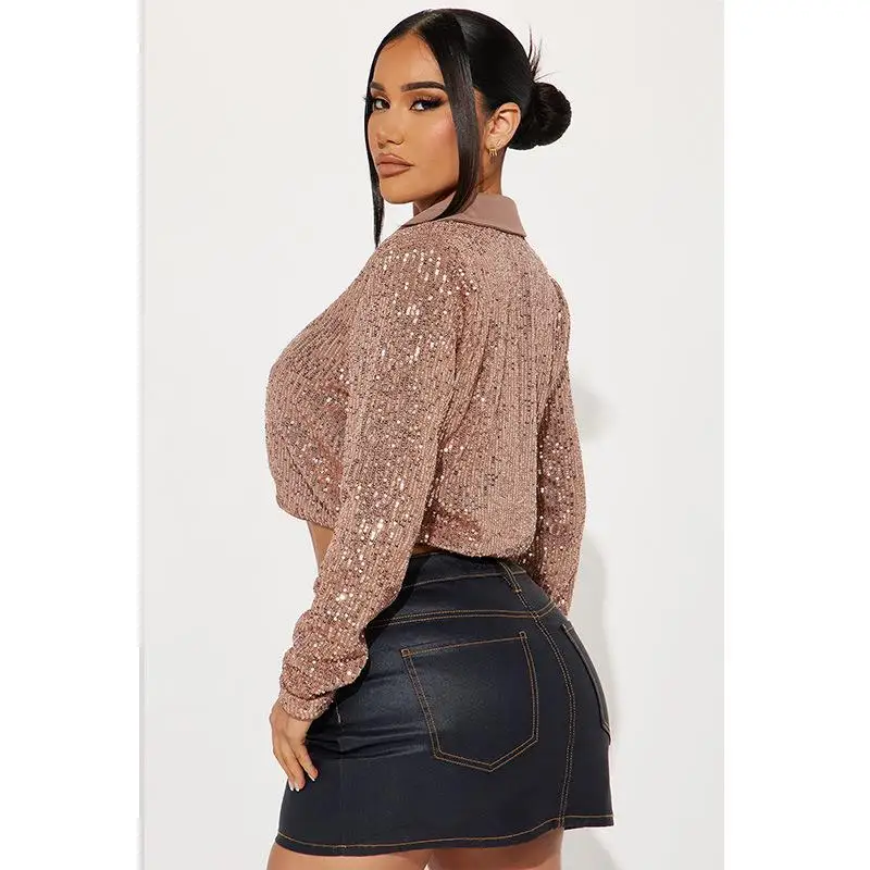 Beaded Sequined Long Sve Women's Top Ele European Sle irt Polyester Fiber Non-Sinking Spandex Blend Winter Colle...