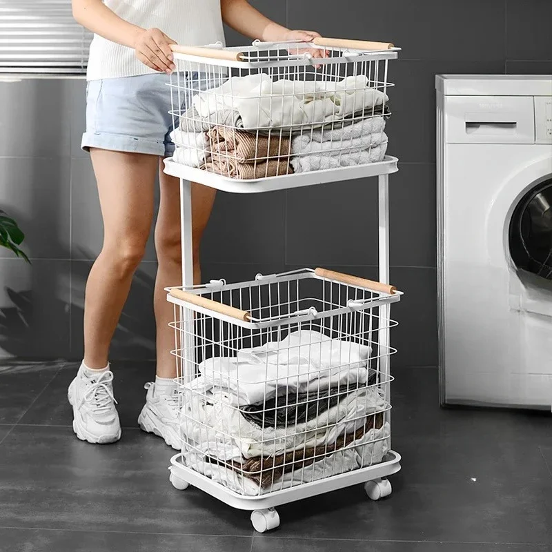 Double Layer Cloth Storage Basket Rack Bathroom Floor Stand with Wheels Clothing and Sundries Organizer Laundry